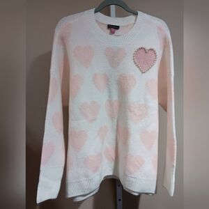 Vince Camuto Women's (Size L) Soft Pink & Cream Crew Neck Heart Sweater (NWT)